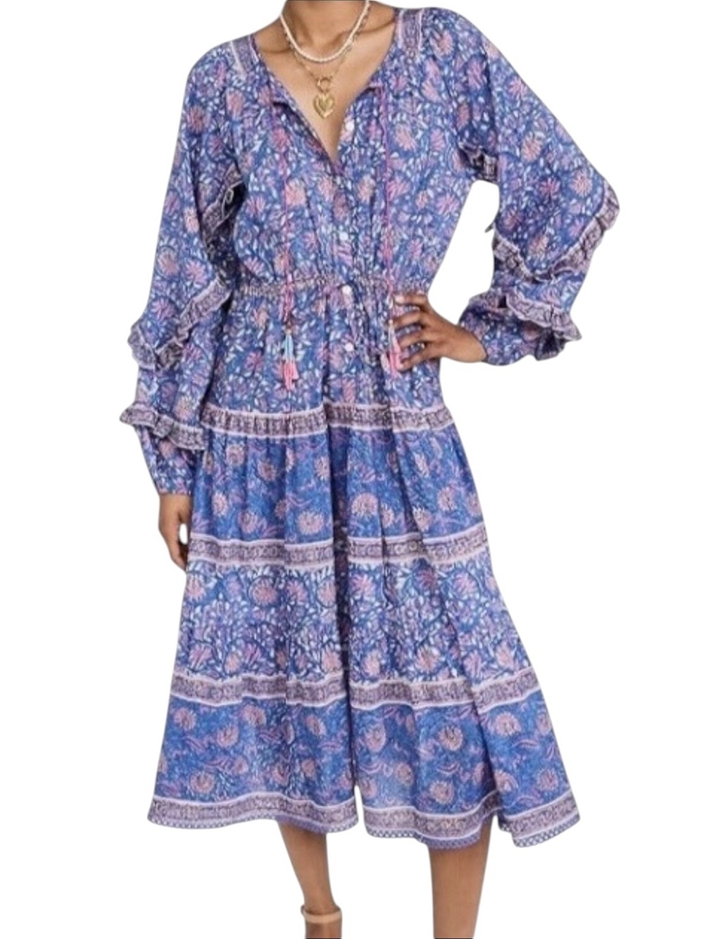 BELL Cameron Silk & Cotton Floral Block Print Ruffle Blouson Sleeve Midi Dress